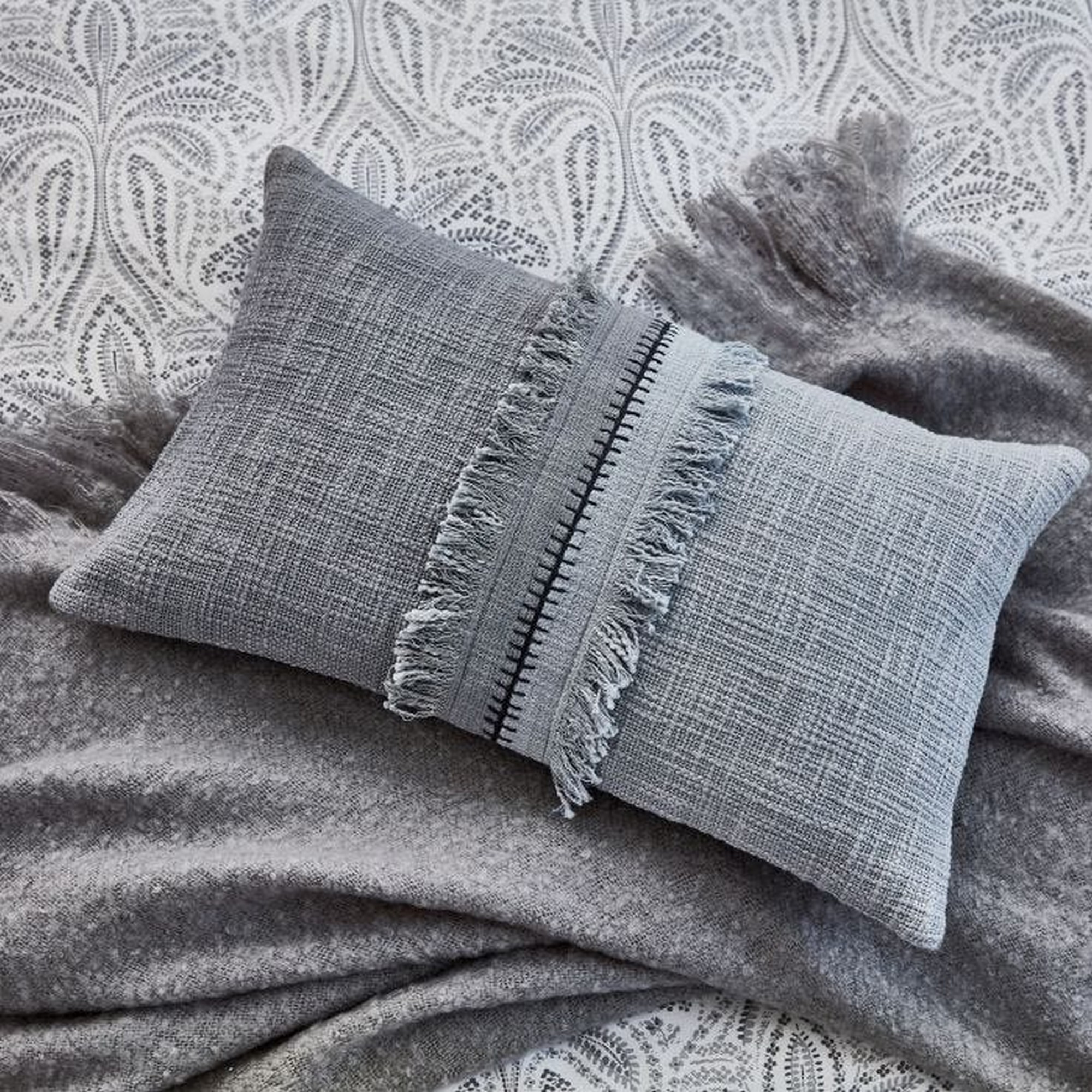 Saffi Embroidered Fringed Cotton Cushion In Silver Grey